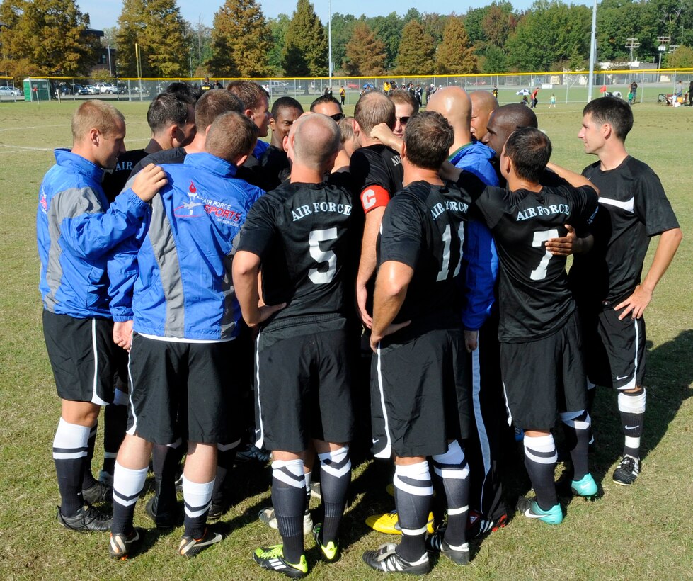 Members of the All-Air Force Men’s Soccer Team rally together after the Armed Forces Championship game at Fort Eustis Monday. (U.S.Air Force photo by Staff Sgt. Dana Hill/RELEASED)