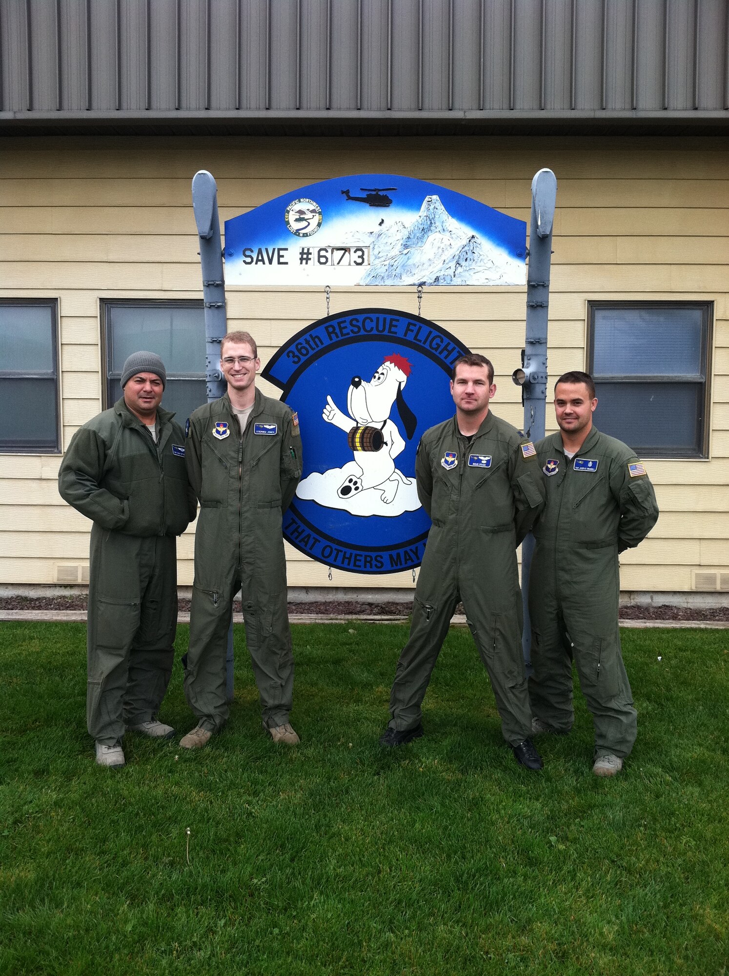 Pictured from left to right are; Tech Sgt. Steven Perez, 36th Rescue Flight flight engineer; Capt. Stephen Jones, 36th RQF pilot; Capt. Douglas Price, 36th RQF pilot and Tech. Sgt. Joseph Brwonell, 336th Training Support Squadron independent duty medical technician. The crew of four rescued nine people in two separate missions in the mountains near Lewiston, Idaho Oct. 21. (Courtesy photo)