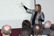 HANSCOM AIR FORCE BASE, Mass. – Dr. Tanya Zlateva, Associate Dean for Academics at Boston University’s Metropolitan College, presents a lecture on cyber-security at the Education and Training Center Oct. 19. Part of Dr. Zlateva’s lecture covered topics concerning Cyber Security research projects being conducted at BU and the Cyber Security education opportunities available on base through the university. (U.S. Air Force photo by Rick Berry)