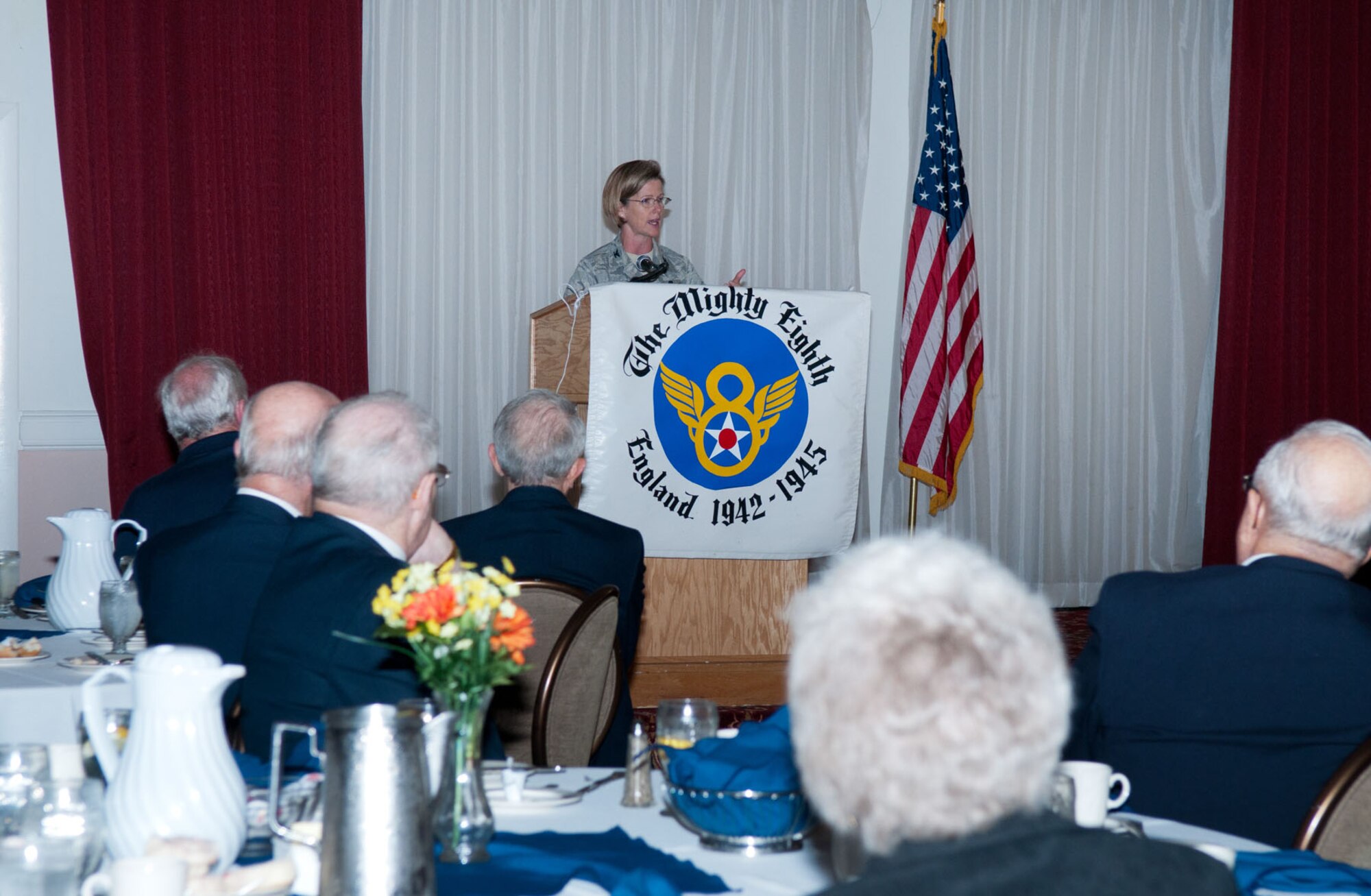 HANSCOM AIR FORCE BASE, Mass. – Col. Stacy L. Yike, 66th Air Base Group commander, speaks to the Eighth Air Force Historical Society, Massachusetts Chapter, during a luncheon at the Minuteman Commons Oct. 20. The society works to keep the accomplishments and heritage of the Eighth Air Force alive for future generations. (U.S. Air Force photo by Rick Berry) 