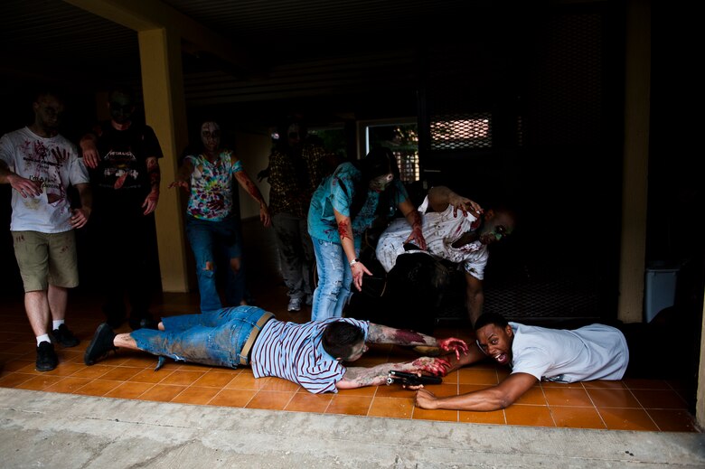 The Centers for Disease Control and Prevention recommends being prepared for a wide range of emergencies, including a zombie apocalypse. In the spirit of the Halloween holiday, members of Incirlik Air Base, Turkey, depicted what a zombie apocalypse may look like. (U.S. Air Force photo by Tech. Sgt. Michael B. Keller/Released)