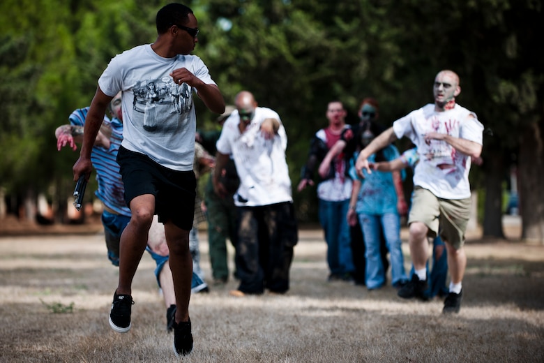 The Centers for Disease Control and Prevention recommends being prepared for a wide range of emergencies, including a zombie apocalypse. In the spirit of the Halloween holiday, members of Incirlik Air Base, Turkey, depicted what a zombie apocalypse may look like. (U.S. Air Force photo by Tech. Sgt. Michael B. Keller/Released)