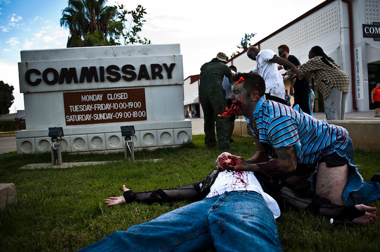 The Centers for Disease Control and Prevention recommends being prepared for a wide range of emergencies, including a zombie apocalypse. In the spirit of the Halloween holiday, members of Incirlik Air Base, Turkey, depicted what a zombie apocalypse may look like. (U.S. Air Force photo by Tech. Sgt. Michael B. Keller/Released)