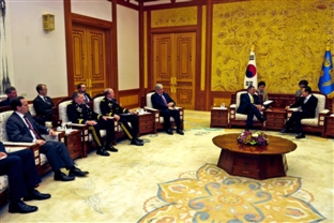 U.S. Defense Secretary Leon E. Panetta meets with South Korean President Lee Myung-bak at the Blue House in Seoul, South Korea, Oct. 27, 2011.