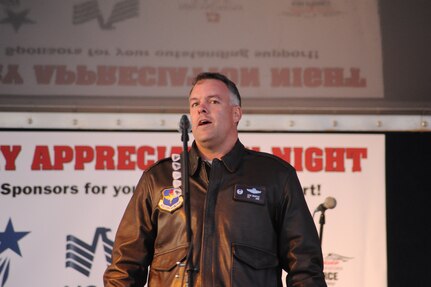 Col Richard Murphy, 12th Flying Training Wing commander, provides opening comments at a Military Appreciation Night on Randolph Air Force Base Oct 28.The event preceeded the 2011 Randolph AFB Airshow Oct. 29 and 30. (U.S. Air Force photo/Rich McFadden) (released)