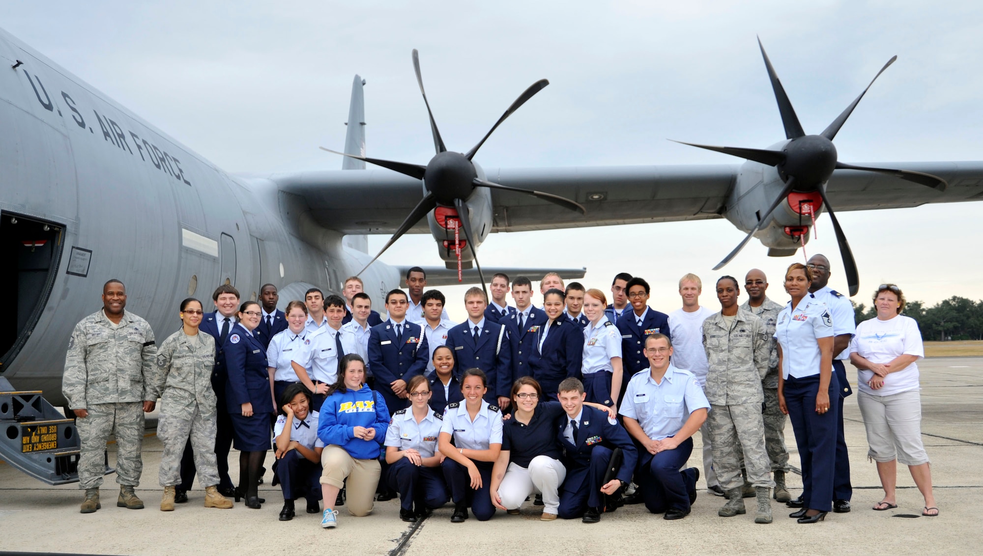 Cadets, chaperones and staff with Bay High School Junior Reserve Officer Training Corps, Bay Saint Louis, Miss. visited the 403rd Maintenance Squadron and toured a C-130J Oct. 28. The cadets were hosted by Master Sgt. Byron Bryant, 403rd MXS, and other members of the squadron while at Keesler Air Force Base for the 81st Training Wing drill-down. For some of the cadets, this was their first time ever stepping foot onto a military aircraft. (U.S. Air Force photo by Maj. Heather Newcomb)