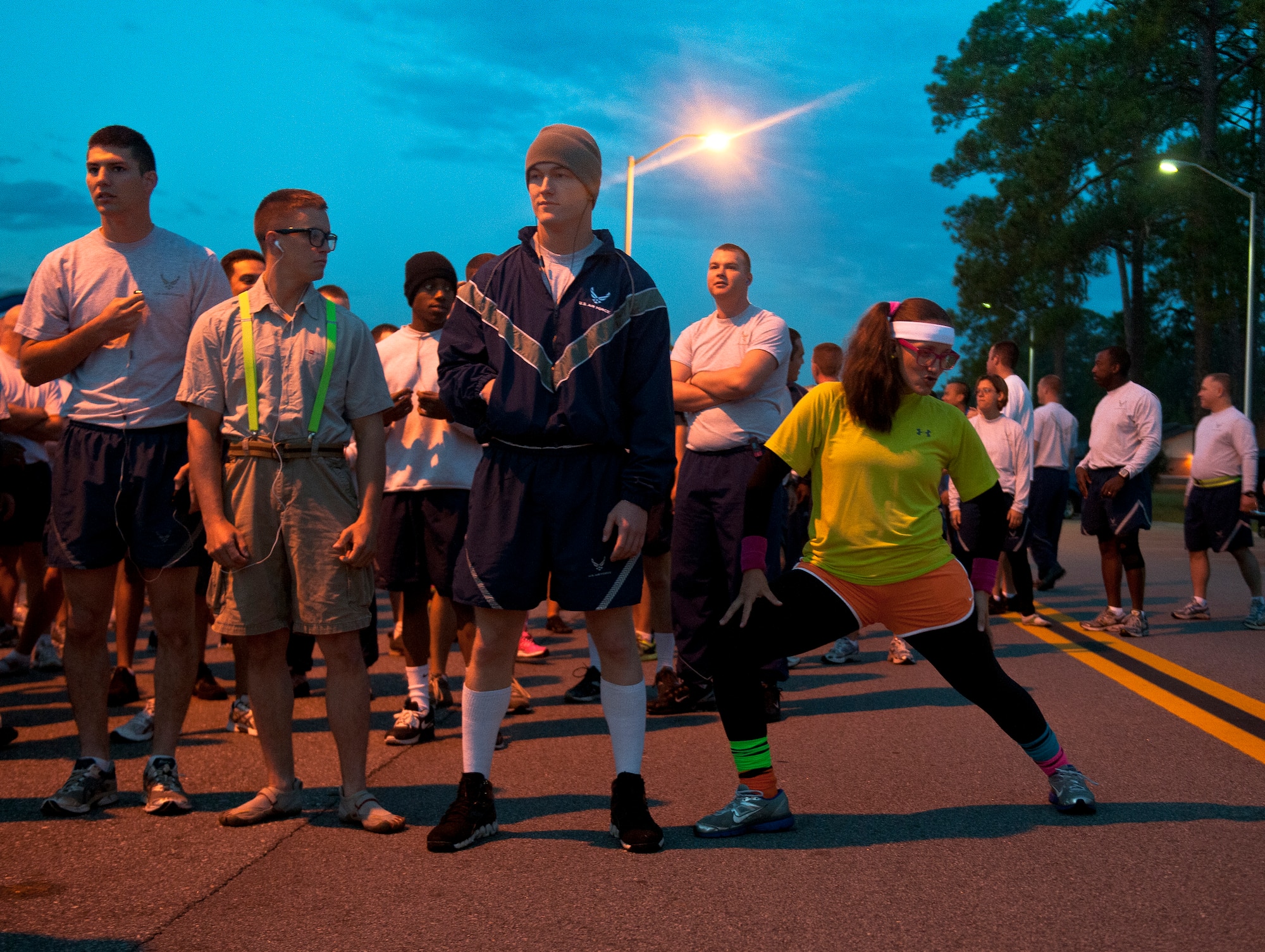 U.S. Airmen wear costumes as well as physical training gear for the Scary Pumpkin 5K run at Moody Air Force Base, Ga., Oct. 28, 2011. As a way to celebrate Halloween, Airmen were encouraged to wear costumes to bring some fun to the run. (U.S. Air Force photo by Airman 1st Class Joshua Green/Released) 
