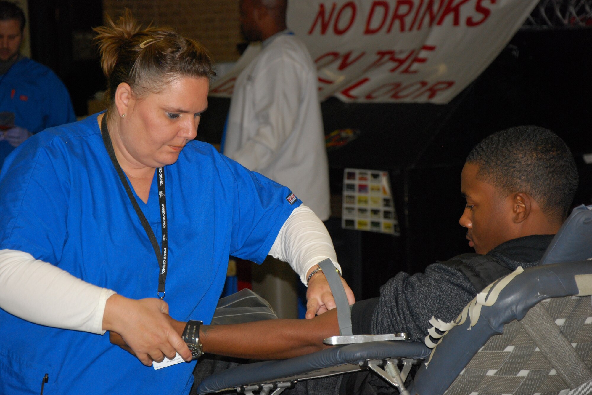 A Sheppard Airman gives blood at the Sheppard Air Force Base October Blood Drive, Oct. 27, 2011. During the three-day drive, 547 Sheppard donors contributed 473 units of blood to the Texas Blood Institute blood bank. (U.S. Air Force photo/Capt. Brittany Martin)