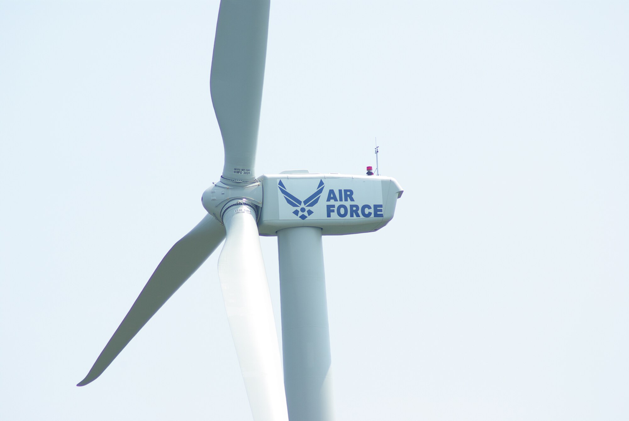 A close-up view of one of the Air Force's two new wind turbines
at the Massachusetts Military Reservation in Cape Cod, Mass. The 1.5
megawatt wind turbines, in addition to an existing turbine, were built to
offset electrical costs for powering numerous groundwater cleanup systems at
the reservation. The turbines will pay for all the Air Force's electric
needs for groundwater remediation at MMR, saving more than $1.5 million per
year. They will also offset emissions generated by fossil-fueled power
plants, reducing the Air Force's carbon footprint. (U.S. Air Force
photo/Scott Dehainaut)
