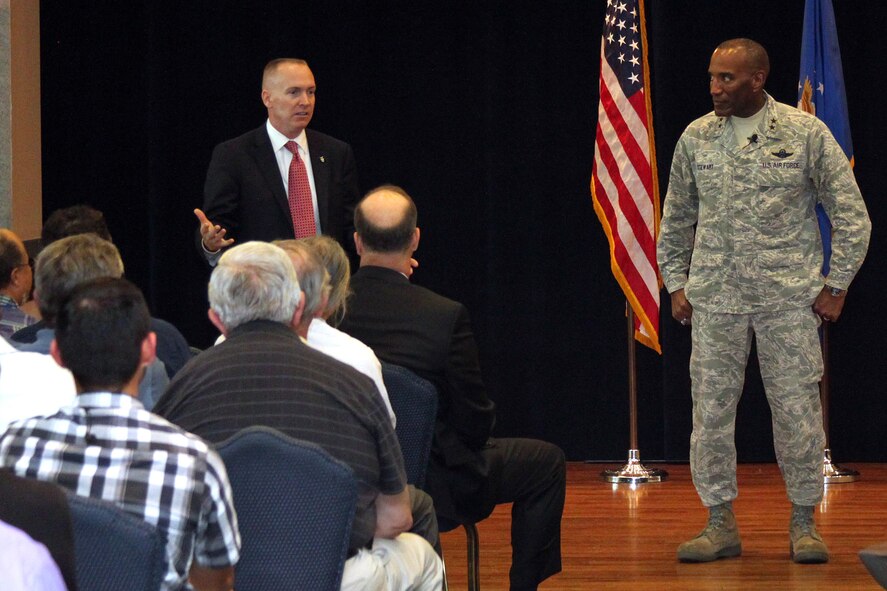 Dr. Todd Fore, Air Force Personnel Center executive director, and Maj. Gen. A. J. Stewart, AFPC commander, spoke with members of the Air Force Electronics Systems Center's Human Resources Systems Program Office to discuss the importance of their work in building and managing personnel systems for the Air Force. About 175 ESC/HIG members listened to General Stewart's comments regarding how their office fits into the Air Force's plans for transforming personnel services for all Airmen. The ECS/HIG office manages 15 legacy personnel systems and over 70 web applications and is working to field five new personnel system applications. (U.S. Air Force photo/Tech. Sgt. Steve Grever)