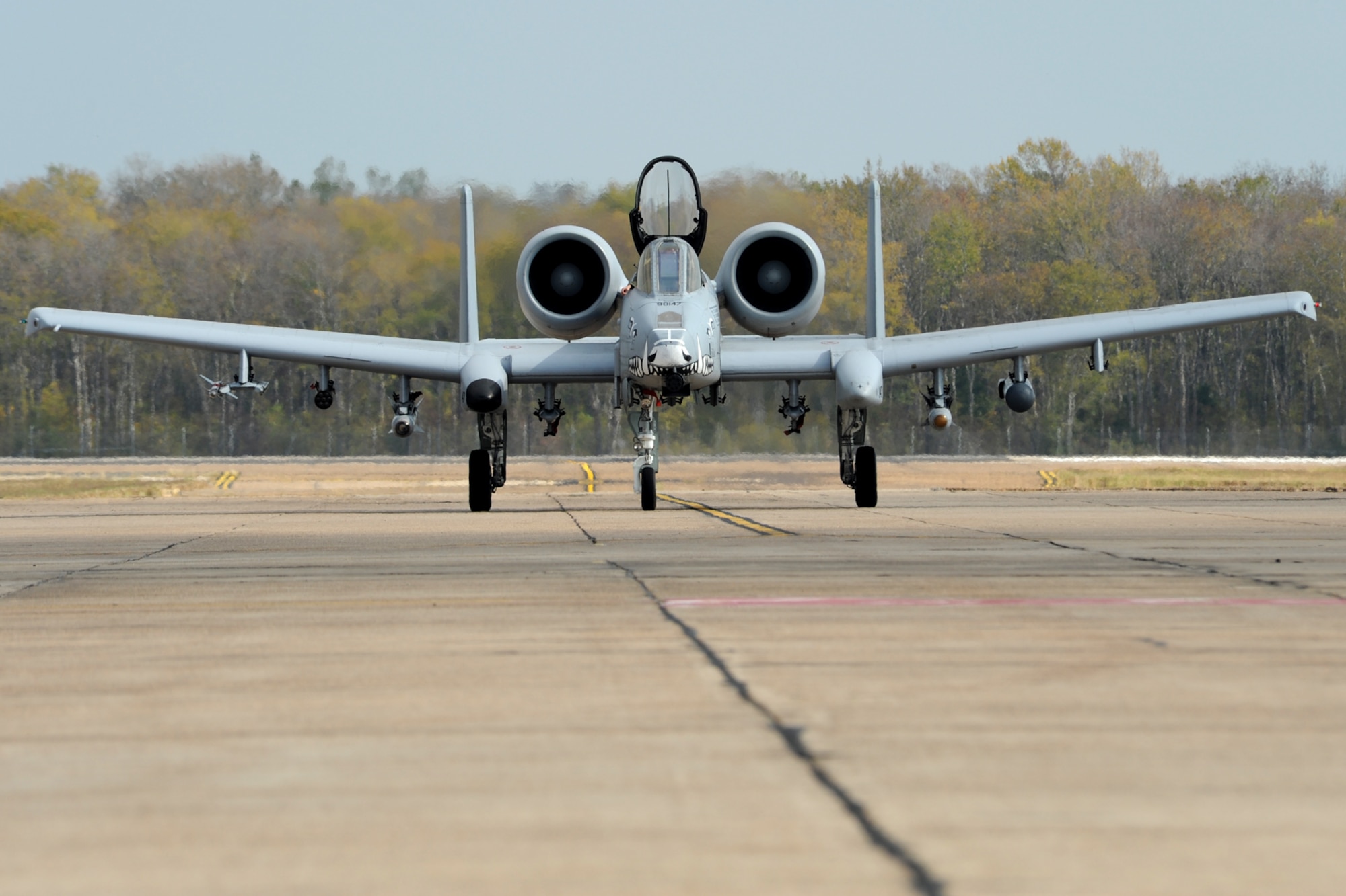 A 917th Fighter Group A-10 Thunderbolt II, piloted by U.S. Air Force Lt. Col. Mitch Hanson, returns from a sortie at Barksdale Air Force Base, La., Oct. 26, 2011. Hanson is the 47th Fighter Squadron director of operations and this marked his last flight for the squadron. (U.S. Air Force photo by Master Sgt. Greg Steele/Released)