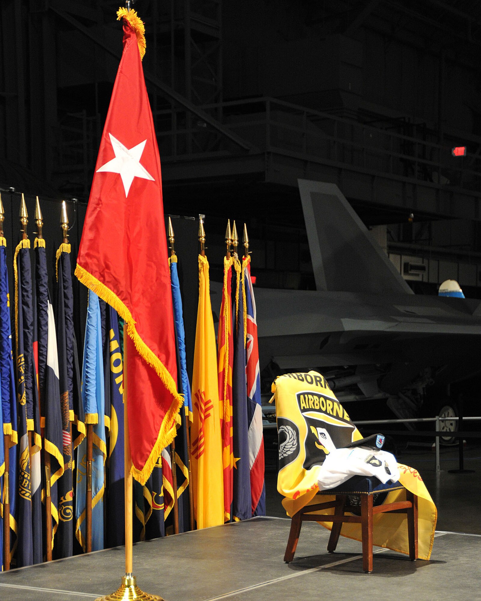 DAYTON, Ohio -- A chair was set aside on stage for Army Specialist Jesse Adam Snow of the 101st Airborne Division during the ceremony to posthumously present the Silver Star Award to him at the National Museum of the U.S. Air Force. (U.S. Air Force Photo)