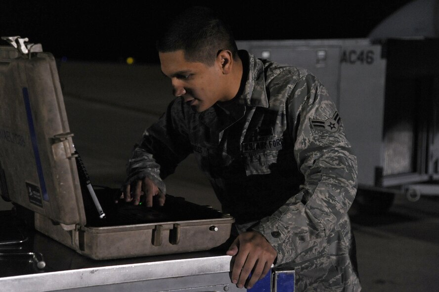 Airman 1st Class Victor Mireles reviews a technical order during a schedule priority inspection on Seymour Johnson Air Force Base, N.C., Oct. 25, 2011. A technical order provides step by step instructions of how to inspect systems on an aircraft. Mireles is a 4th Aircraft Maintenance Squadron aircraft armament systems team member and a native of Cicero, Ill. (U.S. Air Force photo by Senior Airman Whitney Stanfield)