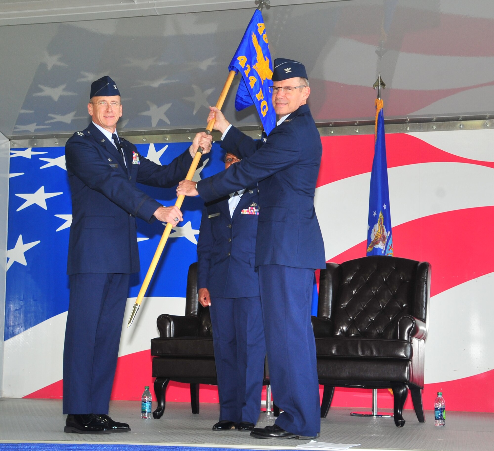 Col. Keith Acree (right) assumes command of the 414th Fighter Group from Col. Donald R. Lindberg, 482nd Fighter Wing commander on Oct. 12, 2011. (USAF photo courtesy of 4FW/PA)