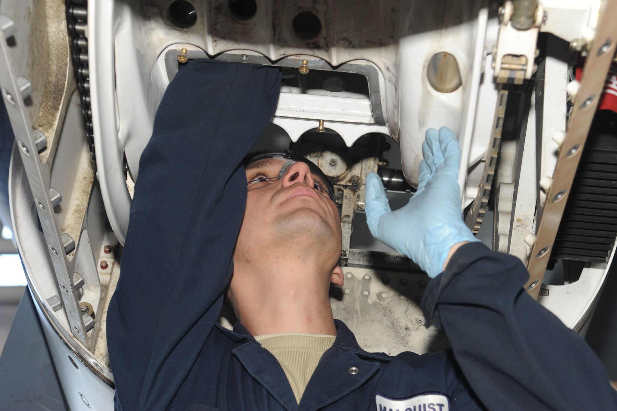 Master Sgt. Ray Malquist, 92nd MXS hydraulics section NCO in-charge, inspects a multi point refueling system on a KC-135 to ensure it’s able to assist bloom operators in refueling missions at the Grant County International Airport Oct. 18. Maintenance crews have been rotating in and out of Moses Lake for nearly a year now. The GCIA has adequate hangar space to allow maintenance workers to perform work on the KC-135s. (U.S. Air Force photo/Airman 1st Class Earlandez M. Young)