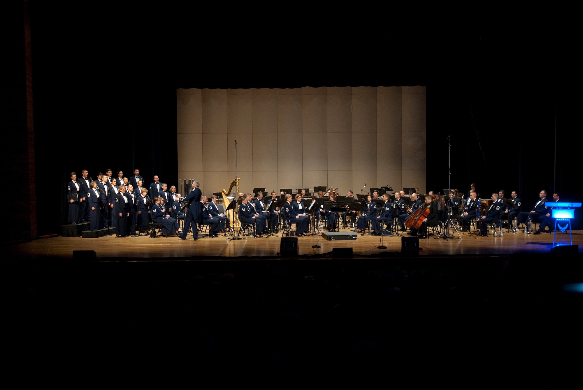 The United States Air Force Concert Band and the Singing Sergeants perform in the Cheyenne Civic Center in Cheyenne, Wyo., Oct. 18. The Cheyenne performance, in front of an audience of 1,400 people, was part of the band’s fall, western tour which includes stops in South Dakota, Montana, Wyoming and Nebraska. (U.S. Air Force photo by R.J. Oriez)