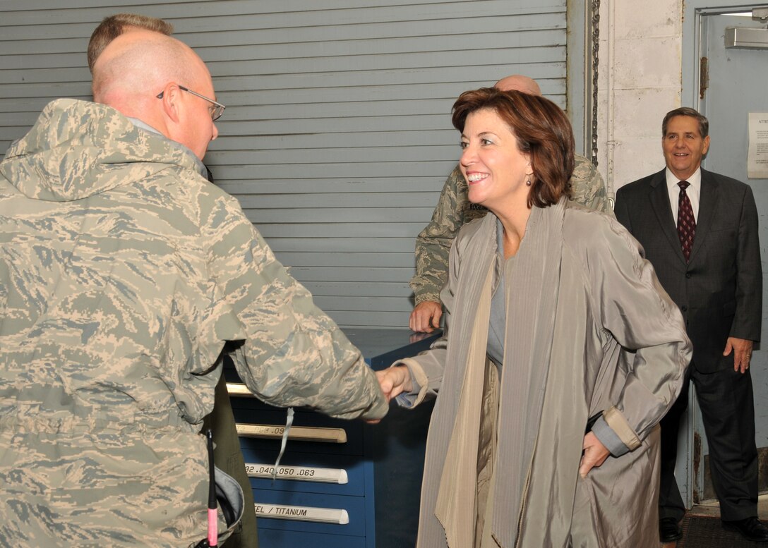 Congresswoman Kathy Hochul visits the Niagara Falls Air Reserve Station October 20, 2011 Niagara Falls NY. During her visit the congresswoman was given a windshield tour of the base as well as a tour of the recently completed Community Activity Center. (U.S. Air Force photo by Staff Sgt. Joseph McKee)