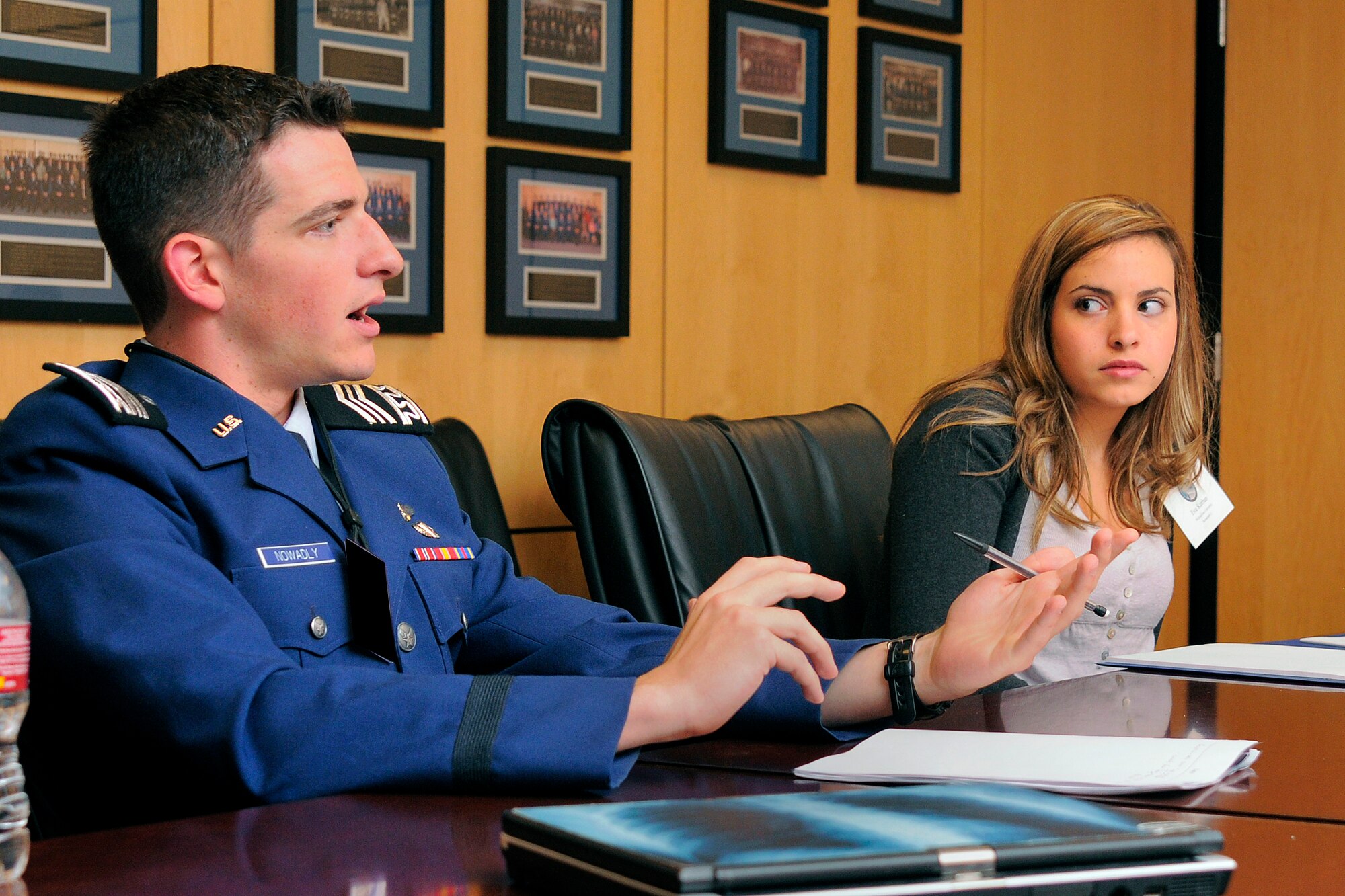 Cadet 2nd Class Craig Nowadly facilitates a discussion at the Air Force Academy-hosted Academy Assembly Oct. 19, 2011. The Academy Assembly is a cadet-organized and cadet-run conference held in conjunction with Columbia University's American Assembly. Students from other colleges visited the Academy as delegates, and a handful of speakers addressed topics related to this year's theme, "Power and Influence: Global Dynamics in the 21st Century." Nowadly is assigned to Cadet Squadron 34. (U.S. Air Force photo/Raymond McCoy)