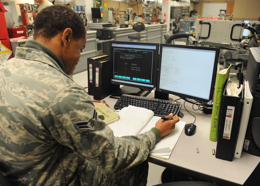 Airman 1st Class Ryan Dussett, runs a band seven radio frequency source Oct. 27, 2011, at Dyess Air Force Base, Texas. The unit performs on/off-equipment maintenance on avionics, fuels, egress, pneudraulic, electro-environmental and propulsion systems on the B-1 Bomber. (U.S. Air Force photo by Airman 1st Class Cierra Bullock/Released)