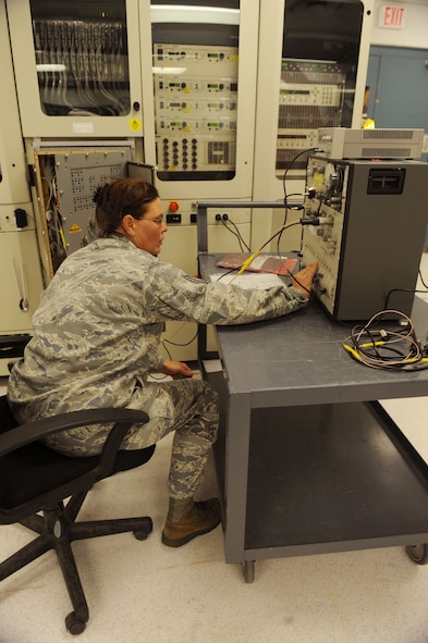Tech. Sgt. Patricia Reese, 7th Component Maintenance Squadron, avionics technician, calibrates an inner-phase test adapter Oct. 27, 2011, at Dyess Air Force Base, Texas. The unit performs on/off-equipment maintenance on avionics, fuels, egress, pneudraulic, electro-environmental and propulsion systems on the B-1 Bomber. (U.S. Air Force photo by Airman 1st Class Cierra Bullock/Released)