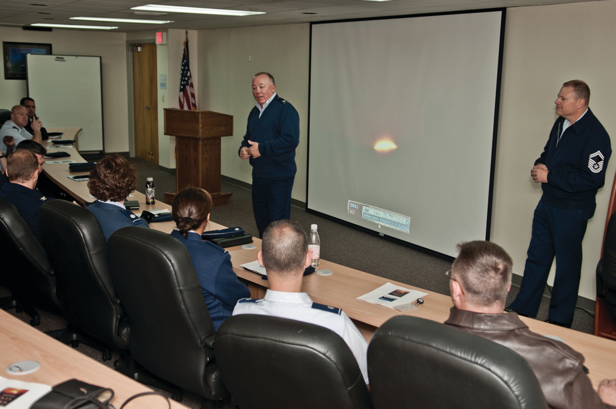 Chaplain (Col.) G. Scott Henry, Headquarters United States Air Forces in Europe, and Senior Master Sgt. Dale McGavran, assistant to the chaplain, speak to Lajes members in a leadership seminar in the Education Center auditorium, Lajes Field, Azores, Oct. 24.  (Photo by Lucas Silva)