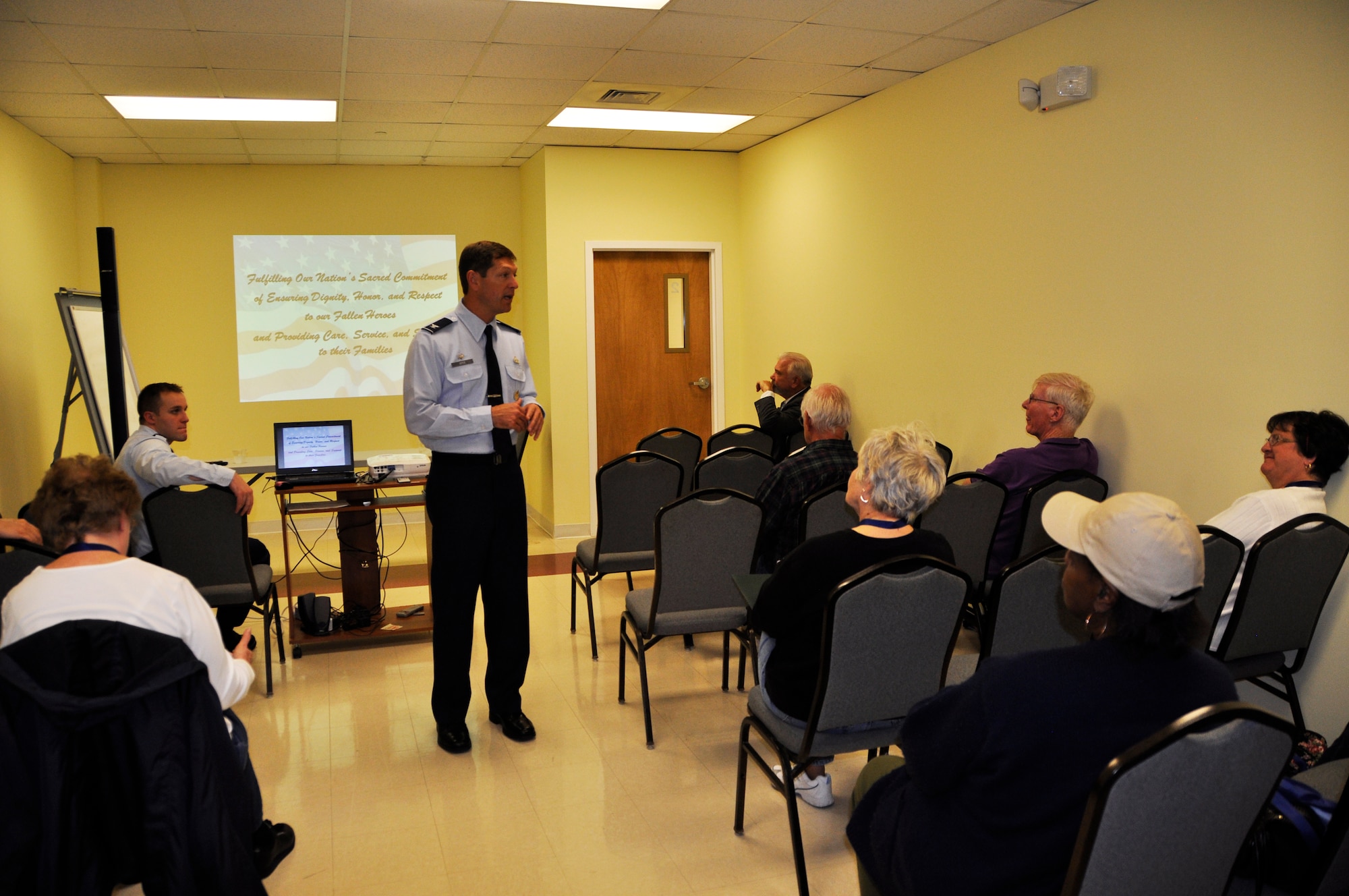 Air Force Mortuary Affairs Operations Commander Col. Thomas C. Joyce speaks to students in the University of Delaware's Osher Lifelong Learning Institute at the Modern Maturity Center in Dover, Del., Oct. 26, 2011. Joyce was a guest speaker for their Current Events Speaker Series. (U.S. Air Force photo/Christin Michaud)