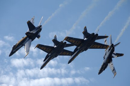 The U.S. Navy Blue Angels practice at Randolph Air Force Base Oct. 27 in support of the 2011 Randolph AFB Airshow Oct. 29 and 30. The Blue Angels are the headlining act of this year's event. These pilots perform a variety of maneuvers demonstrating both high-performance and precision capabilities. 
(U.S. Air Force photo/Joel Martinez) 