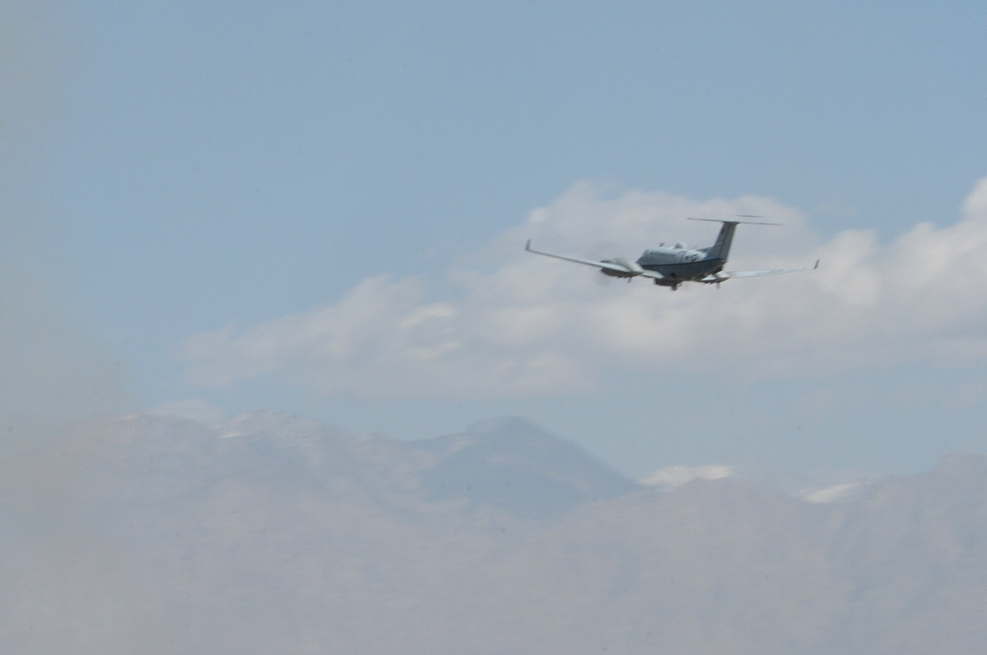 BAGRAM AIRFIELD, Afghanistan -- An MC-12 Liberty takes off from Bagram
Airfield  here Oct. 19, 2011. The flight marked the 10,000th combat sortie flown in
support of ground operations that have led to the capture or elimination of more than 4,000 targets. (U.S. Air Force photo/Senior Airman Krista Rose)

