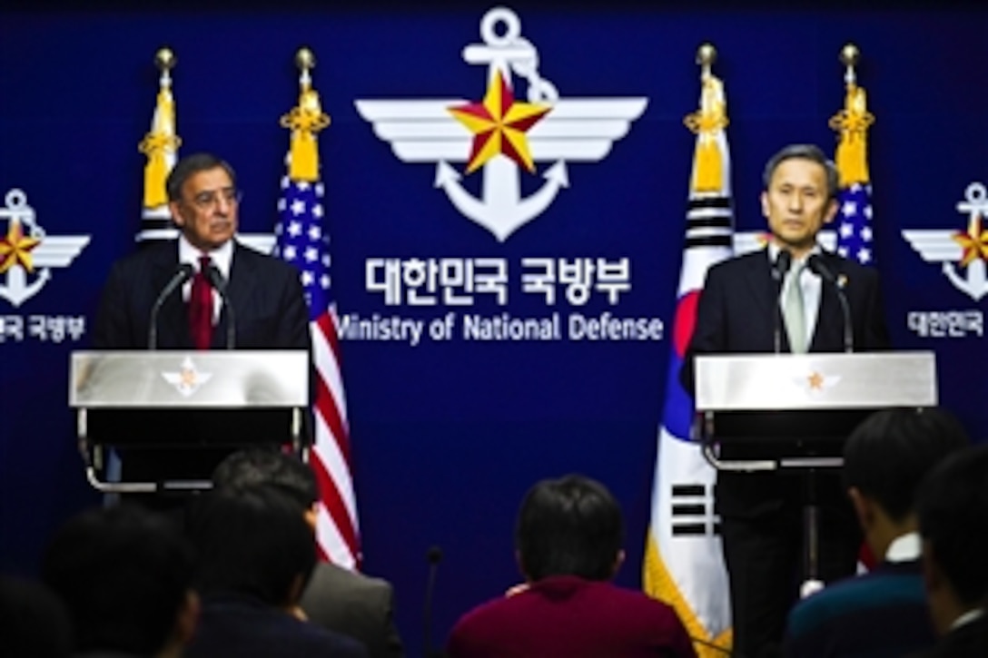 U.S. Defense Secretary Leon E. Panetta attends a press conference with South Korean Defense Minister Kim Kwan-jin in Seoul, South Korea, Oct. 28, 2011. 