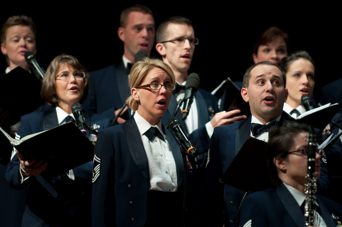 Members of the Singing Sergeants, the official chorus of the United States Air Force, perform in a concert along with the United States Air Force Concert Band Oct. 18 in the Cheyenne Civic Center. The Cheyenne, Wyo., performance, in front of an audience of 1,400 people, was part of the band’s fall, western tour which includes stops in Montana, Wyoming, South Dakota and Nebraska. (U.S. Air Force photo by R.J. Oriez)