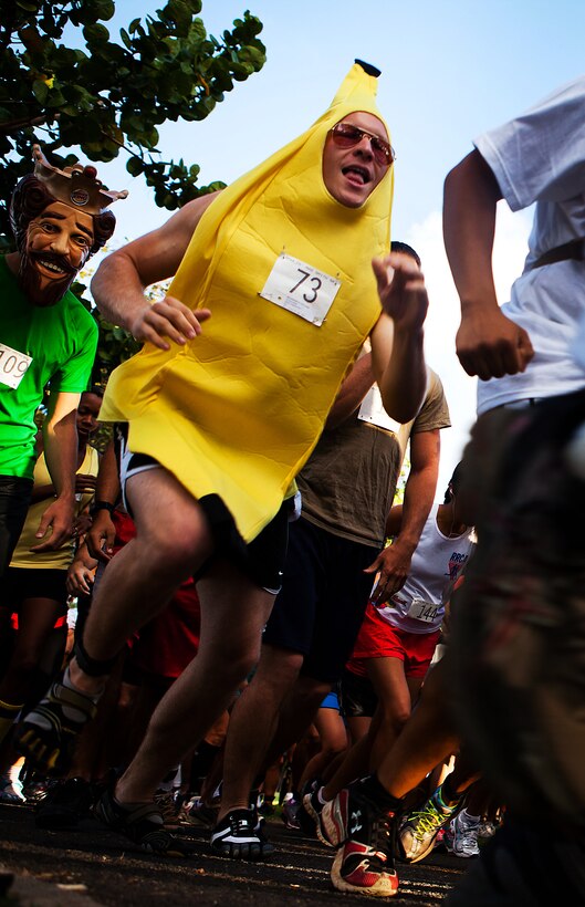 Cpl. William Baumann, member of the U.S. Marine Corps Forces, Pacific Band, races disguised as a banana in the 2nd Annual General “Howlin’ Mad” Smith 5K here Oct. 29. The event attracted service members and Oahu residents to run the scenic route.