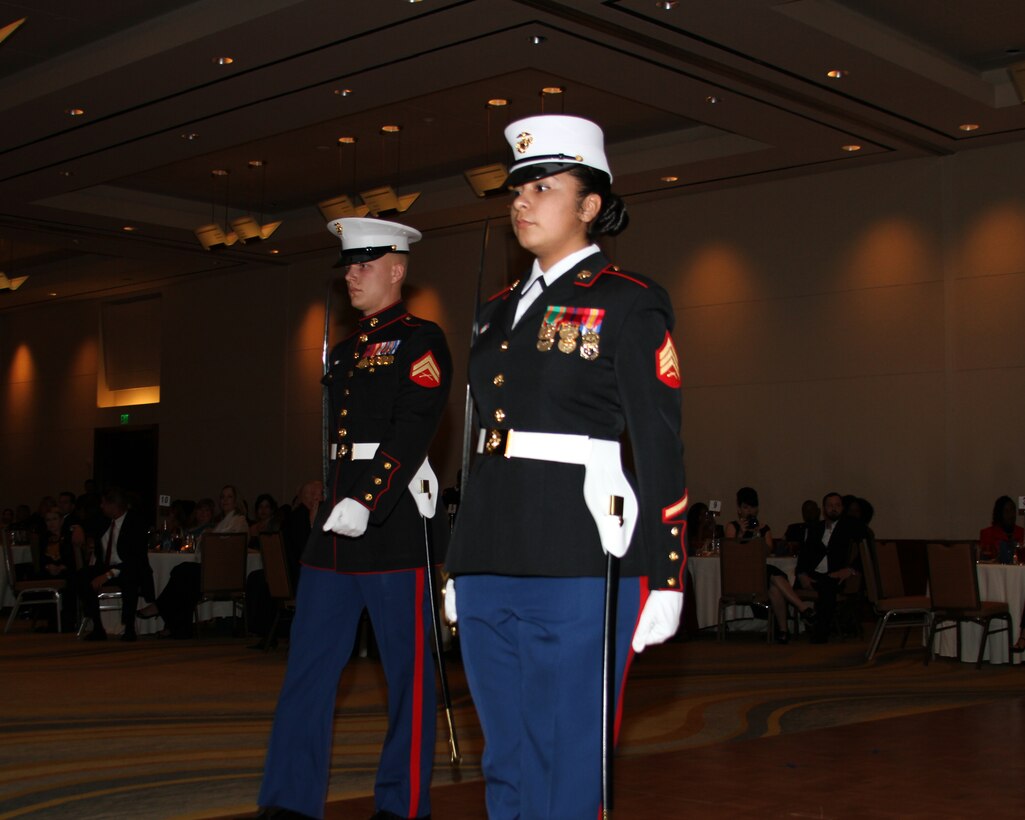 Sgt. Stacey Cortez and Cpl. Levi Hitchcock prepare to take their marks as part of the sword detail for the 8th Marine Corps District’s 236th Birthday Ball, Oct. 29, at the Marriott Solana in Westlake, Texas. The annual event gives Marines from the past and present Marines the opportunity to celebrate and commemorate the illustrious history of the United States Marine Corps.