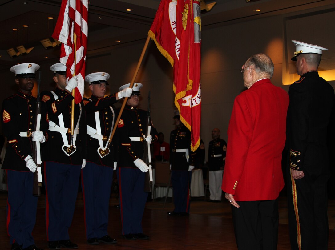 Marines from the 8th Marine Corps District color guard present the colors to the official party of the 236th Marine Corps Birthday Ball, Oct. 29, at the Marriot Solana in Westlake, Texas.  Retired Lt. Col. George Alden served as this year’s guest of honor, sharing a plethora of knowledge and history of the Marine Corps during World War II.