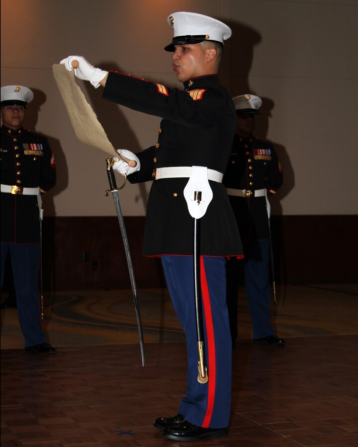 Sgt. Danny Grimaldi, serving as the ceremony adjutant, recites Gen. John A. Lejeune’s Birthday message during the 8th Marine Corps District’s Birthday Ball, Oct. 29 at the Marriott Solana in Westlake, Texas. It is customary to read the 13th Commandant of the Marine Corps’ birthday message each year, as he is known as one of the most notable Marines in the Corps grand history.