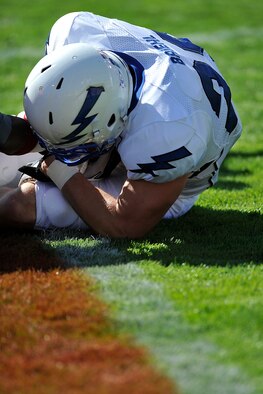 Junior tight end Austin Briehl recovers a fumble in the end zone for the first score of the Air Force-New Mexico game in Albuquerque, N.M., Oct. 29, 2011. This was Briehl’s first touch of the season and first career touchdown, and led the way to a 42-0 rout of New Mexico. (U.S. Air Force photo/Bill Evans)