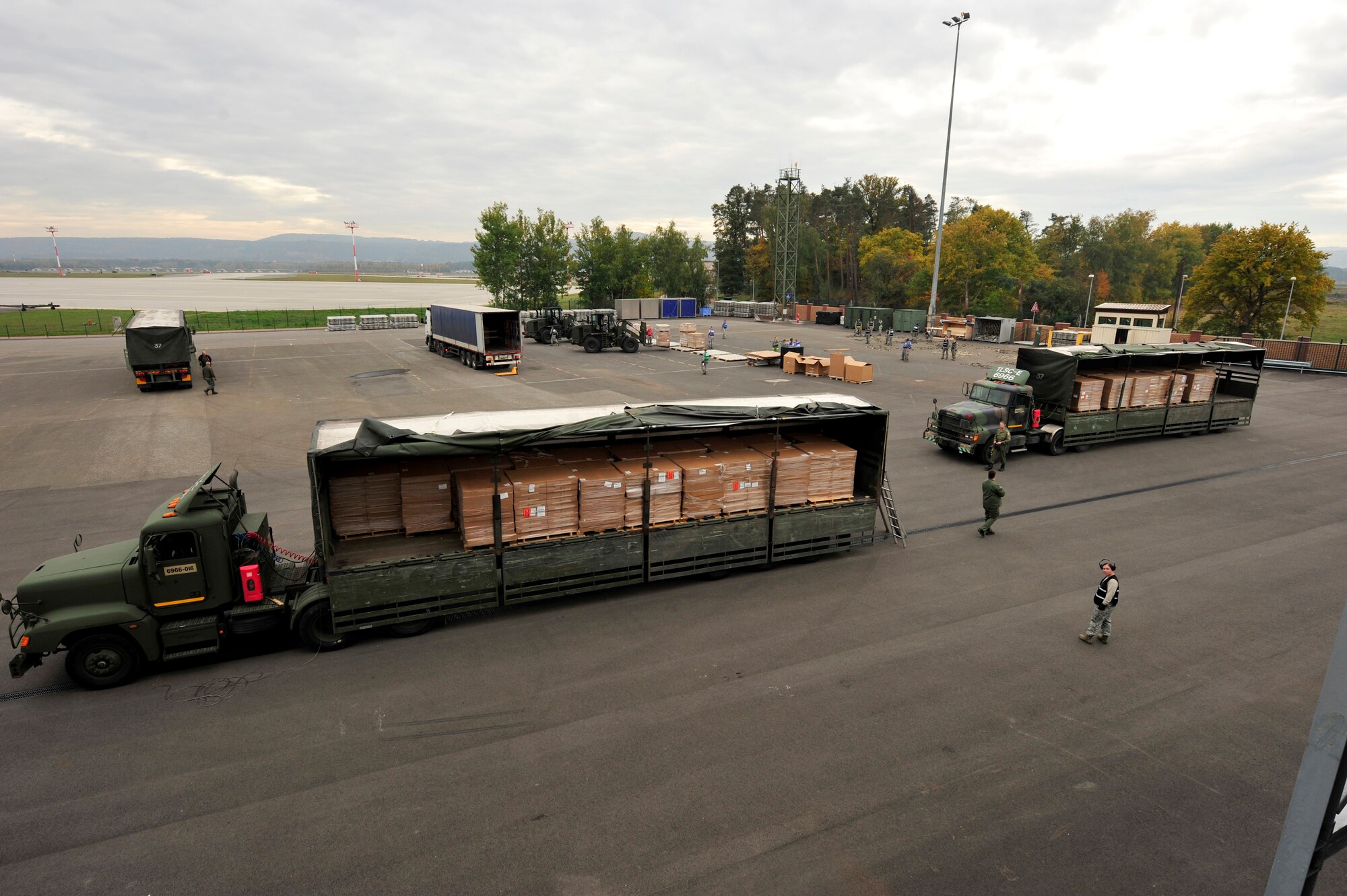 RAMSTEIN AIR BASE, Germany -- Airmen from the 86th Logistics Readiness Squadron palletize humanitarian supplies Oct. 29, 2011 in support of the Turkey-led relief efforts following the Oct. 23, 2011, earthquake in Van province, Turkey. The Department of Defense has tasked U.S. European Command to airlift relief supplies to Van province, Turkey at the request of the Turkish government.   (U.S. Air Force Photo by Tech. Sgt. Chenzira Mallory)