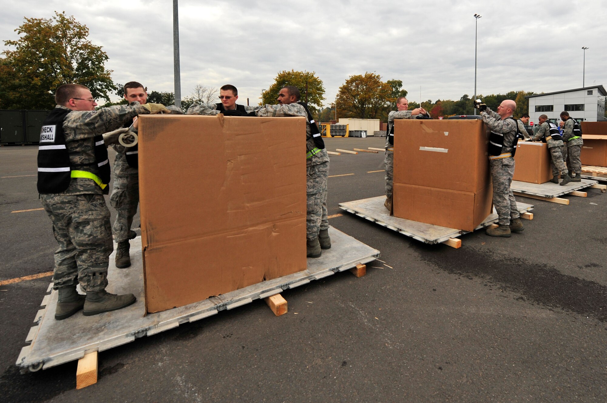 RAMSTEIN AIR BASE, Germany -- Airmen from the 86th Logistics Readiness Squadron prepare pallets for humanitarian supplies Oct. 29, 2011, in support of the Turkey-led relief efforts following the Oct. 23, 2011, earthquake in Van province, Turkey.  The Department of Defense has tasked U.S. European Command to airlift relief supplies to Van province, Turkey, at the request of the Turkish government.   (U.S. Air Force Photo by Tech. Sgt. Chenzira Mallory)