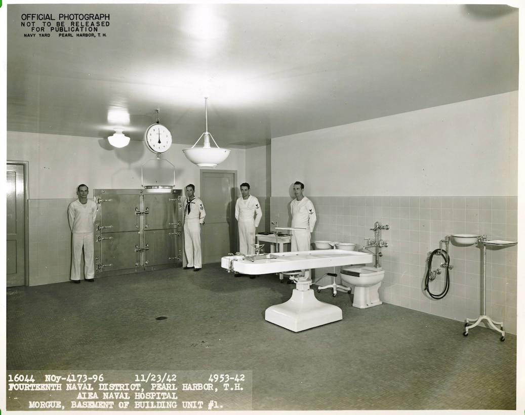 The Aiea Naval Hospital here, which was decommissioned on May 31, 1949, had its morgue located in the basement of Building 1. Today the security office of U.S. Marine Corps Forces, Pacific is in the same location. The building that currently headquarters MarForPac was once the primary rear-area hospital for the Navy and Marine Corps in World War II.