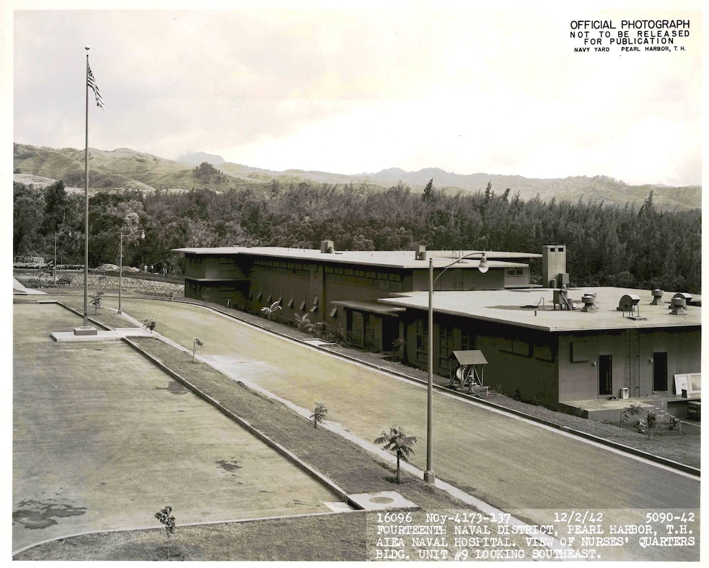 The Aiea Naval Hospital here was the primary rear-area hospital for Navy and Marines during World War II. The Nurses’ quarters were across the street from the main entrance of the hospital. Today, the same location is home to the Nimitz-McArthur Pacific Command Center.