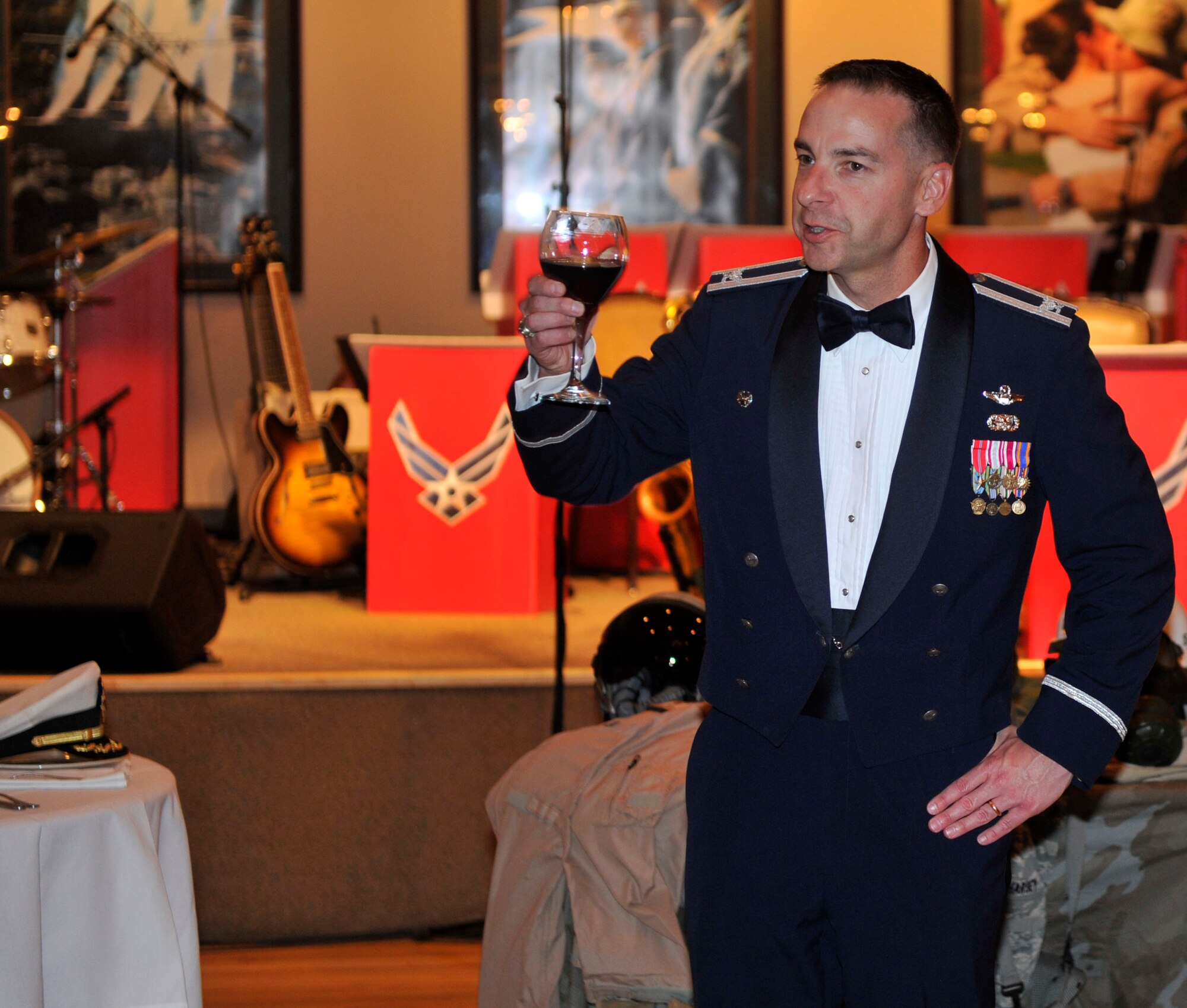 Col. Mark Czelusta, 314th Airlift Wing commander, gives a toast Oct. 29, at the 64th Air Force Ball, Oct. at Little Rock Air Force Base, Ark. The ball celebrated the accomplishments of Team Little Rock’s past and present. (U.S. Air Force photo by Senior Airman Caleb Pierce)