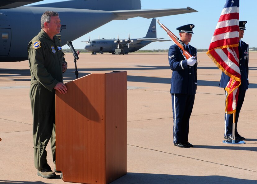 Brig. Gen. Jon Fago, Chief of Staff, Headquarters, Nebraska Air National Guard, Lincoln, Neb., speaks after flying into Dyess  on a new C- 130J model, Oct. 28, 2011, at Dyess Air Force Base, Texas. The aircraft is the 10th of 28 to be delivered to Dyess by 2013, replacing the current aging fleet of C-130H models. (U.S. Air Force photo by Airman 1st Class Cierra Bullock /Released)