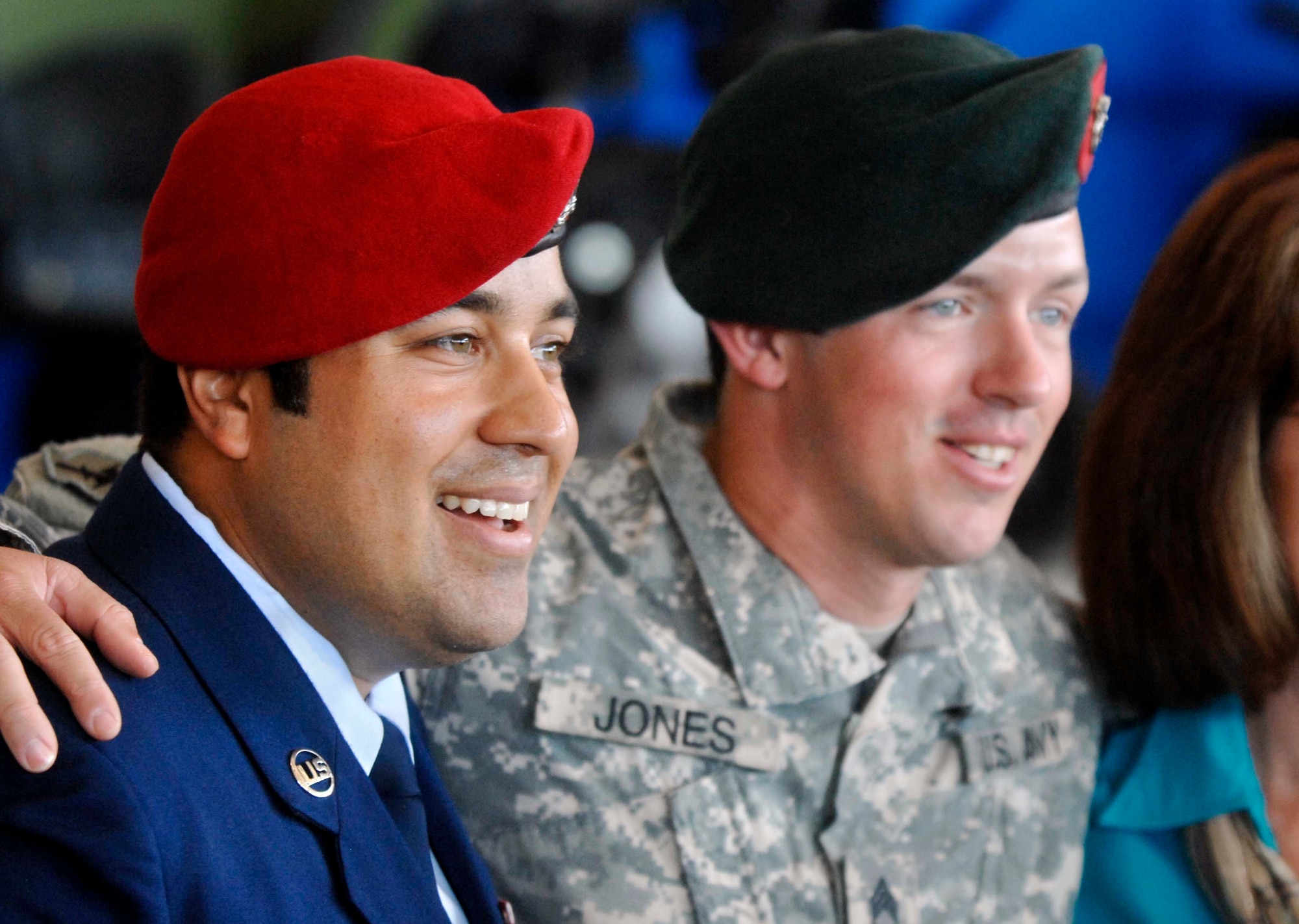 Staff Sgt. Robert Gutierrez, Air Force Cross recipient and combat controller, poses with Sergeant First Class Mike Jones, 7th Special Forces Group medic.  Jones saved Gutierrez' life twice during a 2009 mission in Afghanistan.  The two friends participated in the 812-mile Tim Davis Memorial March from Lackland Air Force Base, Texas to Hurlburt Field, Fla., Oct. 16 to 26 in honor of 17 fallen special tactics Airmen.  (Courtesy photo/Devon Ravine)