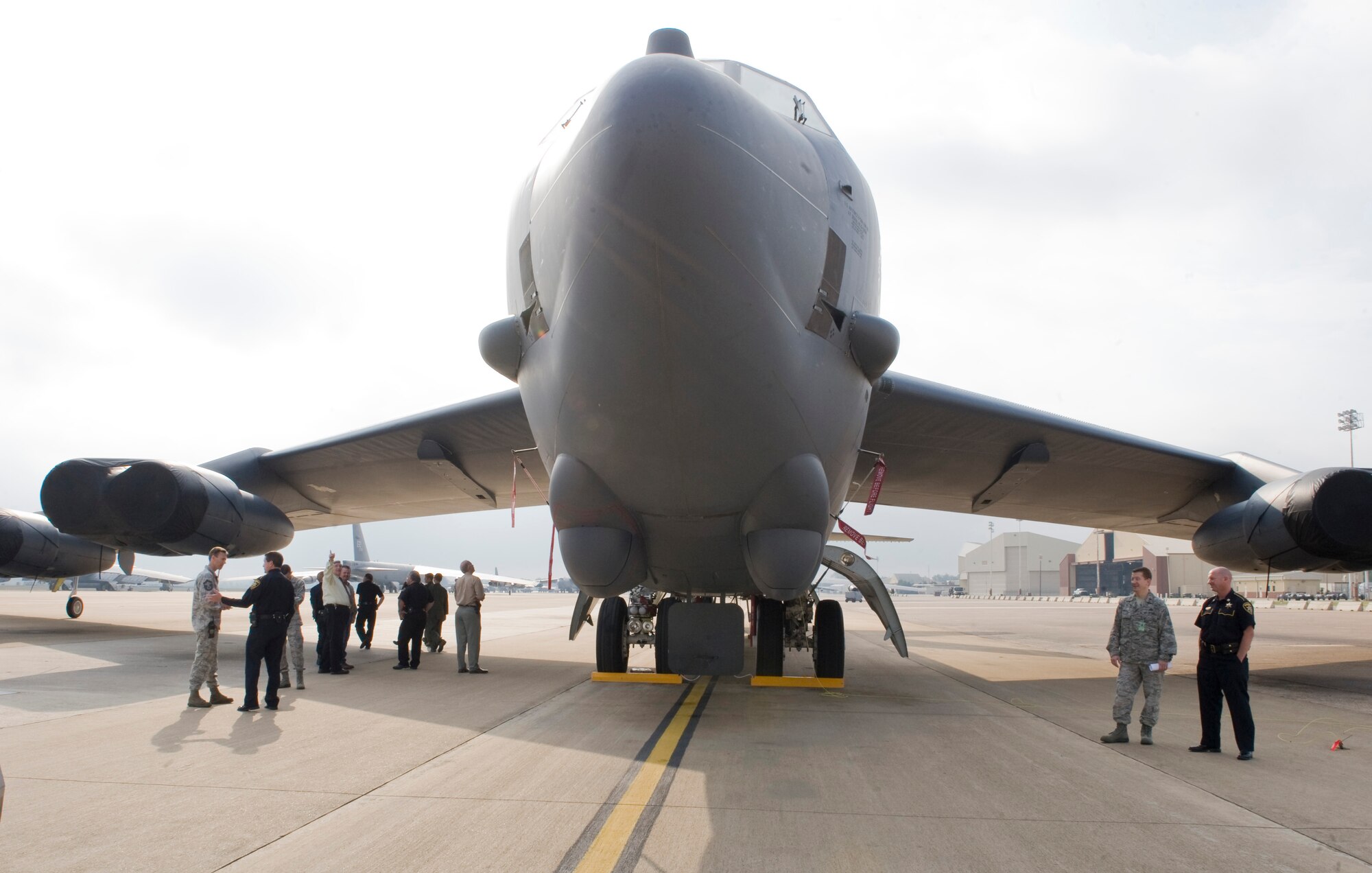 Members of the Bossier Sheriff and Police departments tour around a B-52H Stratofortress on the flight-line on Barksdale Air Force Base, La., Oct. 27. Local law enforcement officials were taken on a tour of Barksdale in order to see the bases day-to-day operations on base and visit with Airmen at the 2nd Security Forces Squadron. (U.S. Air Force photo/Airman 1st Class Benjamin Gonsier)(RELEASED)