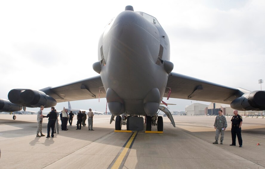 Members of the Bossier Sheriff and Police departments tour around a B-52H Stratofortress on the flight-line on Barksdale Air Force Base, La., Oct. 27. Local law enforcement officials were taken on a tour of Barksdale in order to see the bases day-to-day operations on base and visit with Airmen at the 2nd Security Forces Squadron. (U.S. Air Force photo/Airman 1st Class Benjamin Gonsier)(RELEASED)