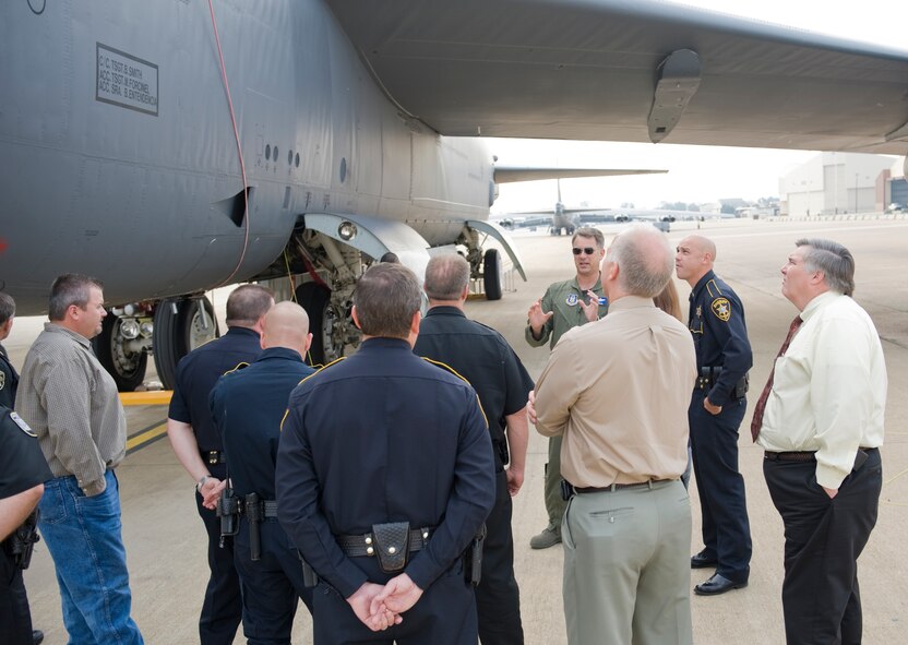Members of the Bossier Sheriff and Police departments receive an aircraft brief near the B-52H Stratofortress on the flight-line on Barksdale Air Force Base, La., Oct. 27. Fifteen members of the Bossier Sheriff and Police departments visited Barksdale to see day-to-day operations on base and visit Airmen from the 2nd Security Forces Squadron. (U.S. Air Force photo/Airman 1st Class Benjamin Gonsier)(RELEASED)