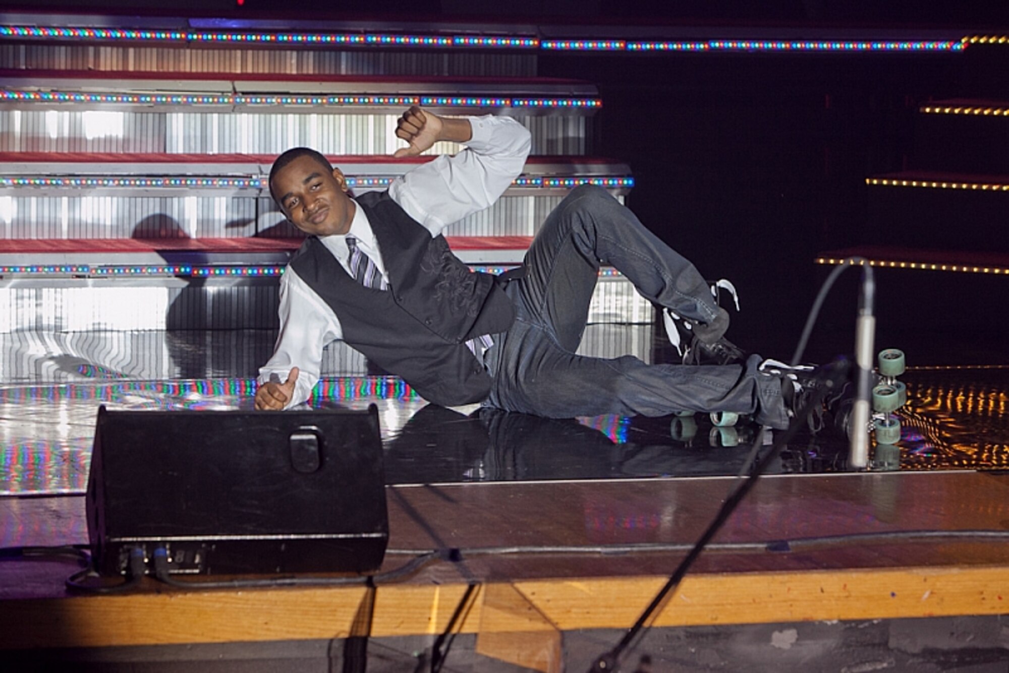 Airman 1st Class Steve Pearson performs a roller skate routine to the song "I Get So Lonley" for his specialty talent performance during the 2011 Worldwide Talent Search at Lackland Air Force Base, Texas. More specialty talent applicants are needed for the 2012 talent competition. The application deadline is Nov. 15. (Courtesy Photo/Chris Burch) 

