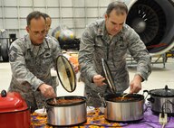 WRIGHT-PATTERSON AIR FORCE BASE, Ohio – Chief Master Sgt. Aaron Mouser, 445th Maintenance Group superintendent, and Maj. Sean Handley, 445th Force Support Squadron, military personnel flight commander, sample various pots of chili while judging the 445th Airlift Wing Chili Cook-Off Oct. 27. The event raised $250 for the Combined Federal Campaign. (U.S. Air Force photo/Stacy Vaughn)
