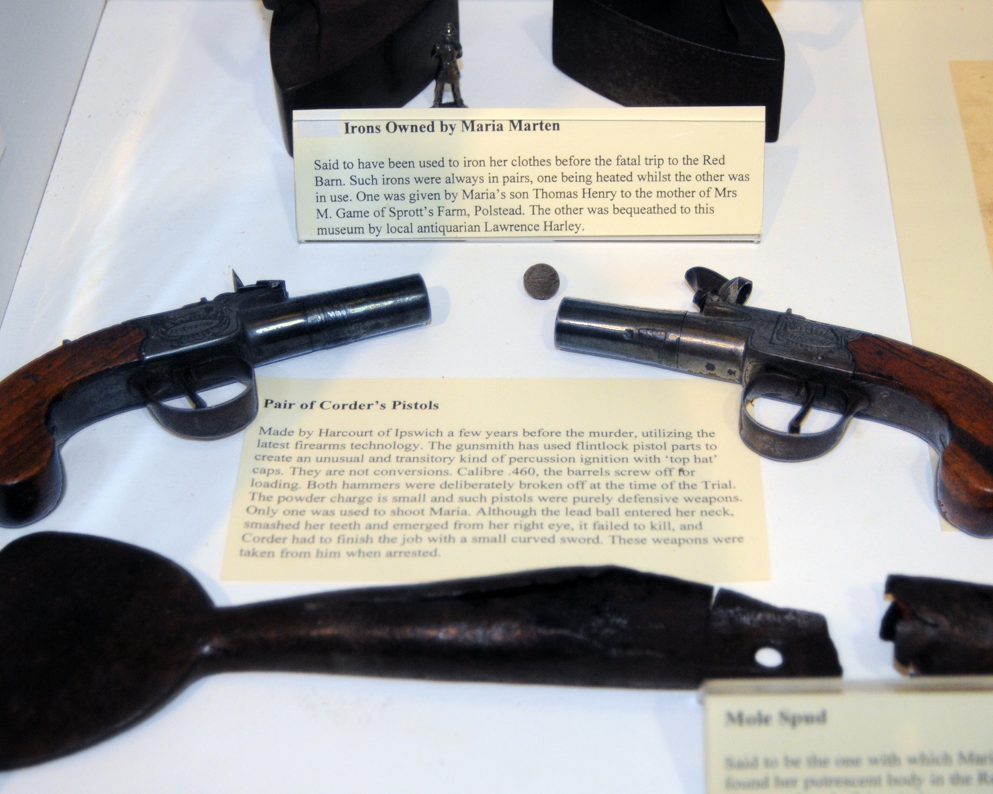 BURY ST. EDMUNDS, England – Two pistols are on display at Moyse’s Hall Museum, Bury St. Edmunds. According to court documents, these pistols belonged to William Corder, convicted and executed for the brutal murder of Maria Marten in 1827. One of the two pistols were used to shoot Marten. (U.S. Air Force photo/Tech. Sgt. Kevin Wallace)