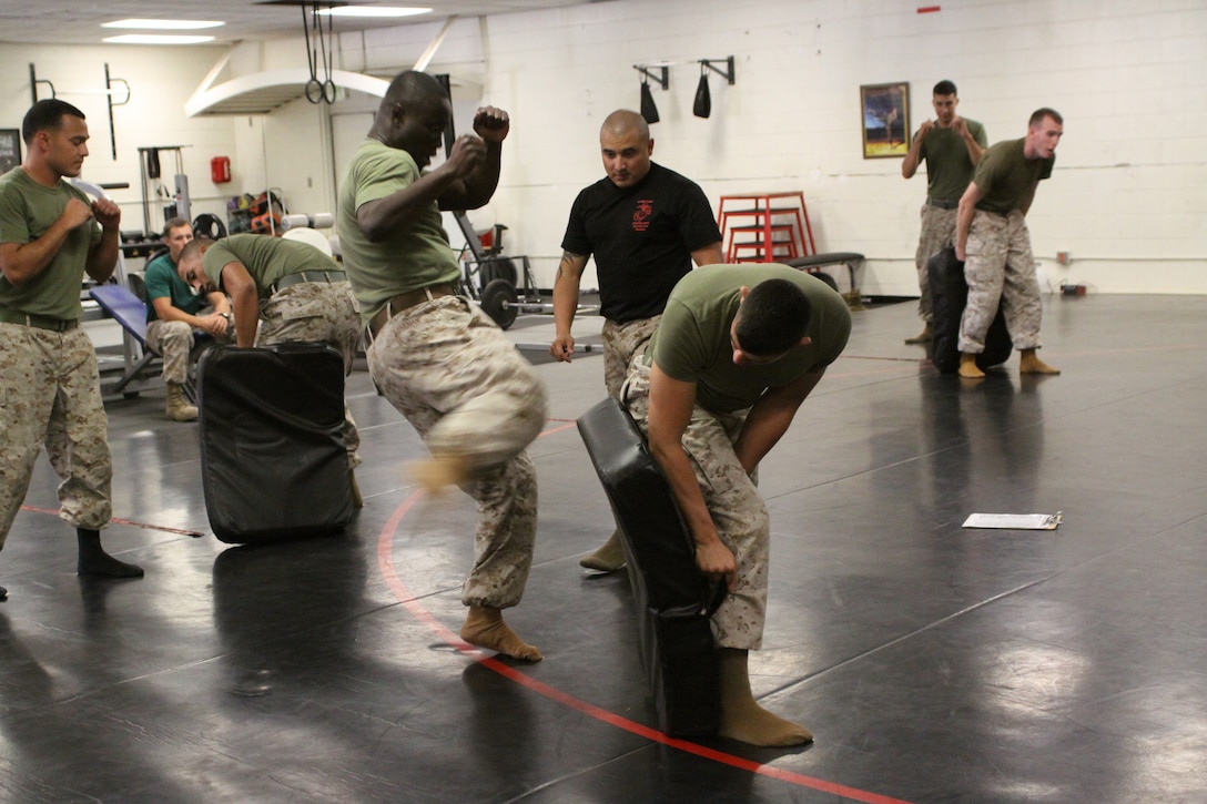 Cpl. Jared Kerness, meteorology and oceanography forecaster, Headquarters and Headquarters Squadron, Marine Corps Air Station Miramar, holds the pad for Cpl. Kofi Agyeman, finance clerk, Service Company, Headquarters and Service Battalion to practice his kicks during the Martial Arts Instructor Course at the Martial Arts Training Facility aboard Marine Corps Recruit Depot San Diego Oct. 31.Twenty-one Marines from MCRD, Marine Corps Base Camp Pendleton, MCAS Miramar, and Naval Amphibious Base Coronado are participating in the MAI Course.