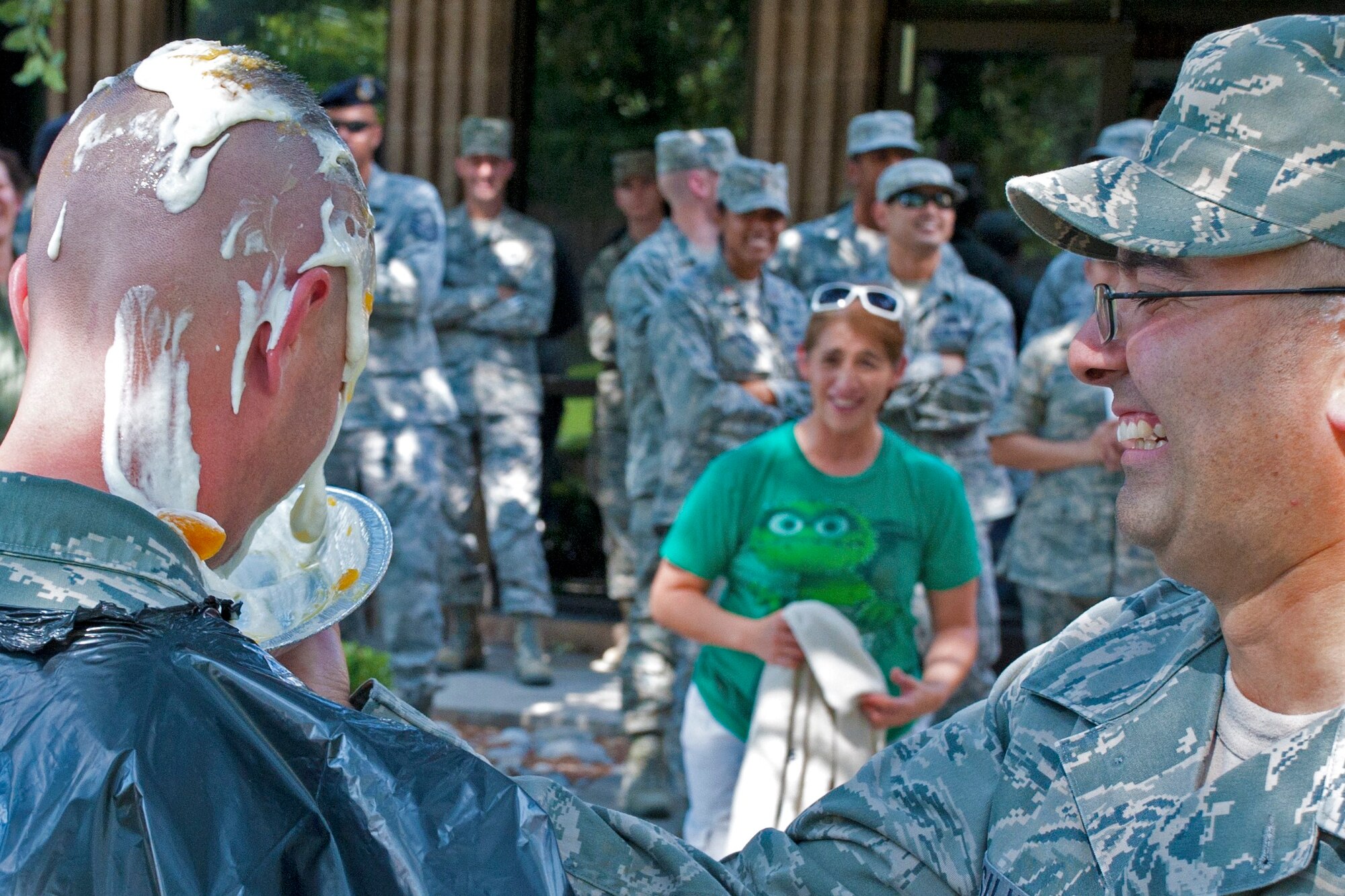 LAUGHLIN AIR FORCE BASE, Texas – Master Sgt. Nick Kurpier, 47th Security Force Squadron, receives a pie in the face courtesy of Master Sgt. Manuel Silva, 47th Medical Group, here Aug. 26. Laughlin’s Rising Six hosted a pie-in-the-face contest here to raise more than $1,300 that will go towards the upcoming combat dining out. (U.S. Air Force photo/Senior Airman Scott Saldukas) 
